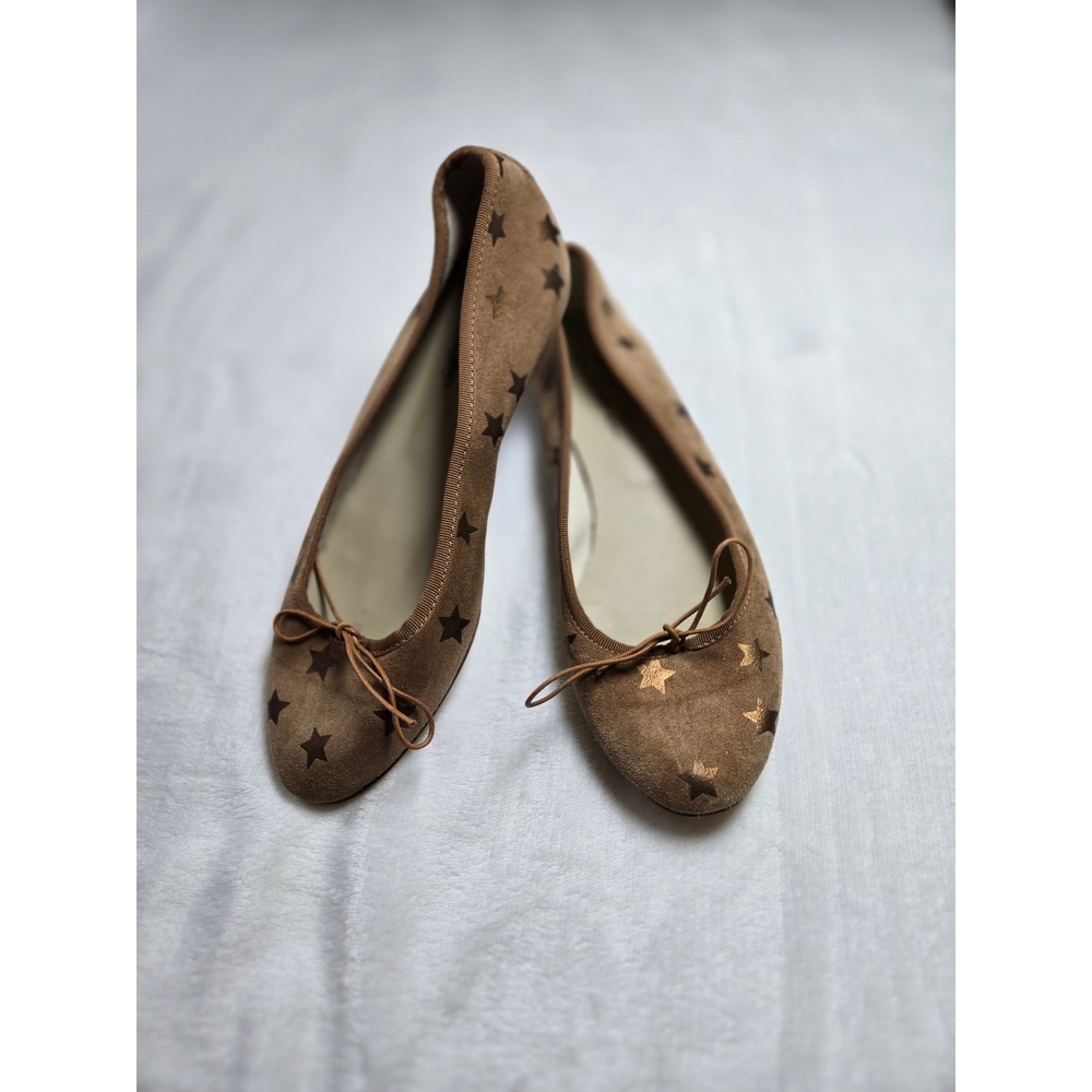 Anniel Italian Suede Ballet Flats Tan Gold Star Print Bow Round Toe Size 40